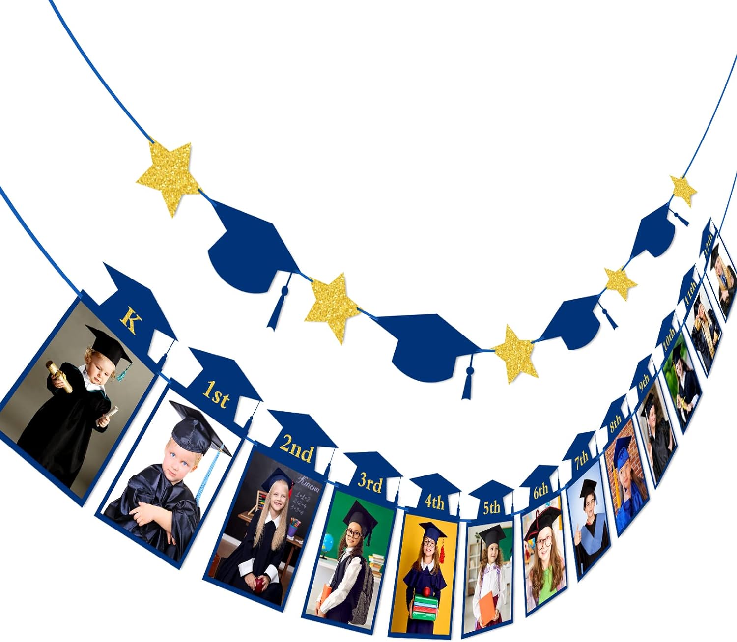 Whaline Graduation Photo Banner - No DIY Required Hanging Bunting | Blue Gold Glitter, 5 x 7 Inch