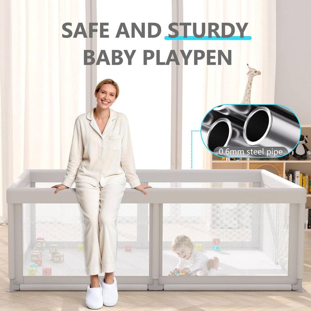 Skiennix Baby Playpen - Breathable Mesh Play Yard for Indoor & Outdoor Use - Grey Color