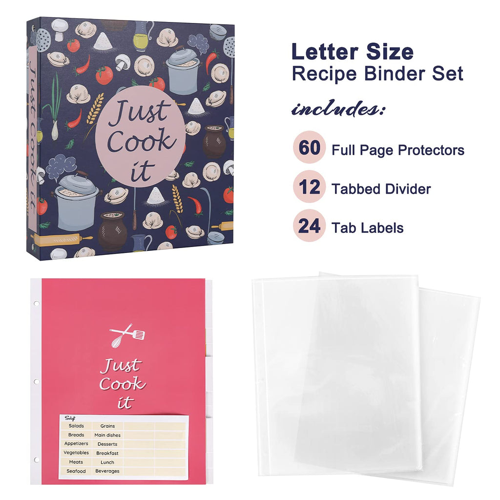 Recipe Binder Kit - 3 Ring Full Page Recipe Book Binder 8.5"x11" with 60 Page Protectors, 12 Dividers and Labels for Family Recipe Organizer, Grain Design