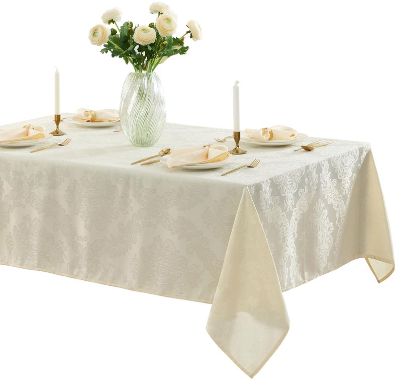Newbridge Barcelona Luxury Damask Fabric Tablecloth, 70” Extra Wide x 144” Rectangle, Antique White, 100% Polyester, No Iron, Soil Resistant Dining Room, Party and Banquet Table Cover