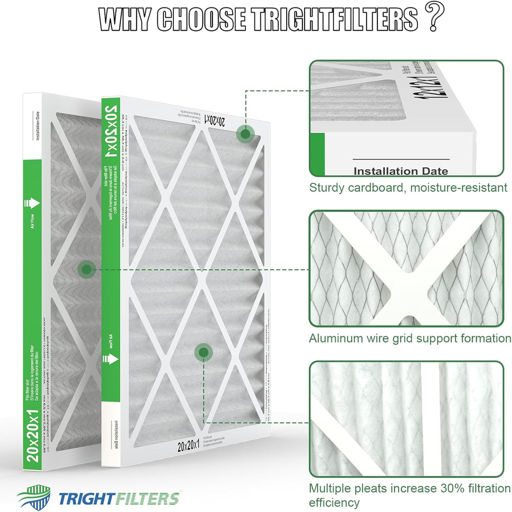 TRIGHTFILTERS 20x20x1 Air Filter - Durable MERV 8 Pleated HVAC & AC Replacement | 2-Pack