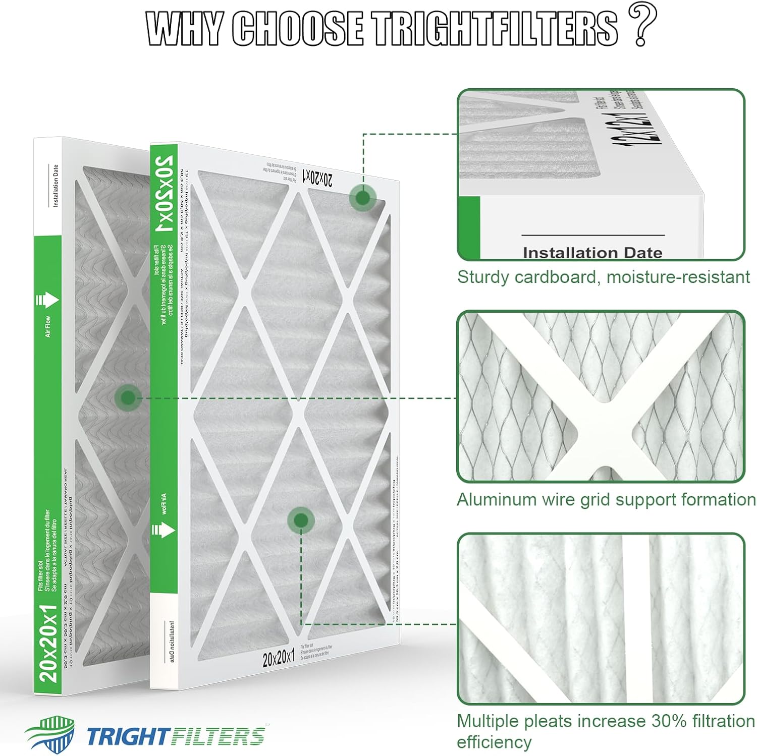 TRIGHTFILTERS 20x20x1 Air Filter - Durable MERV 8 Pleated HVAC & AC Replacement | 2-Pack