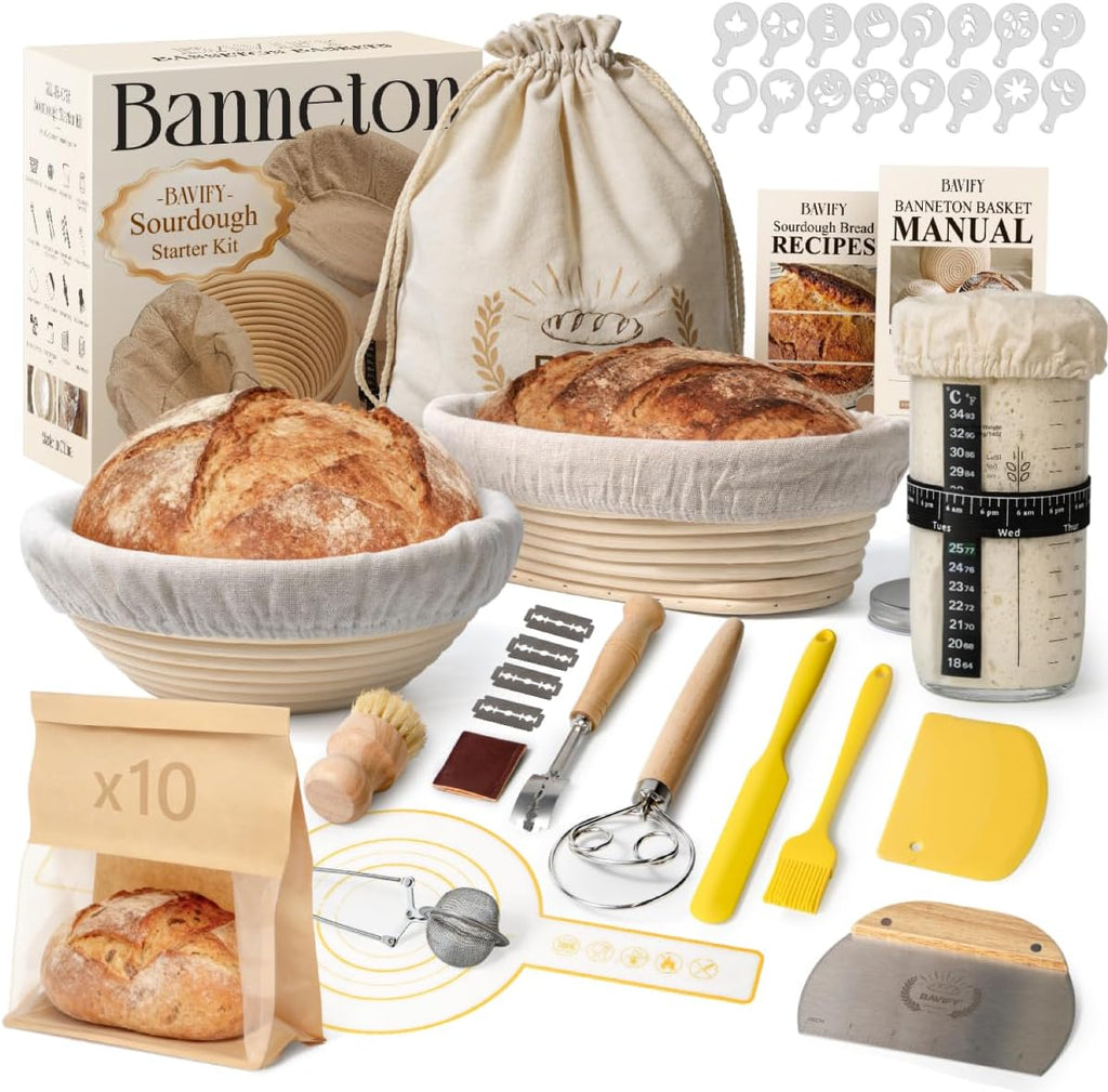 Skiennix Sourdough Starter Kit - Complete Bread Baking Supplies with Proofing Baskets & Tools