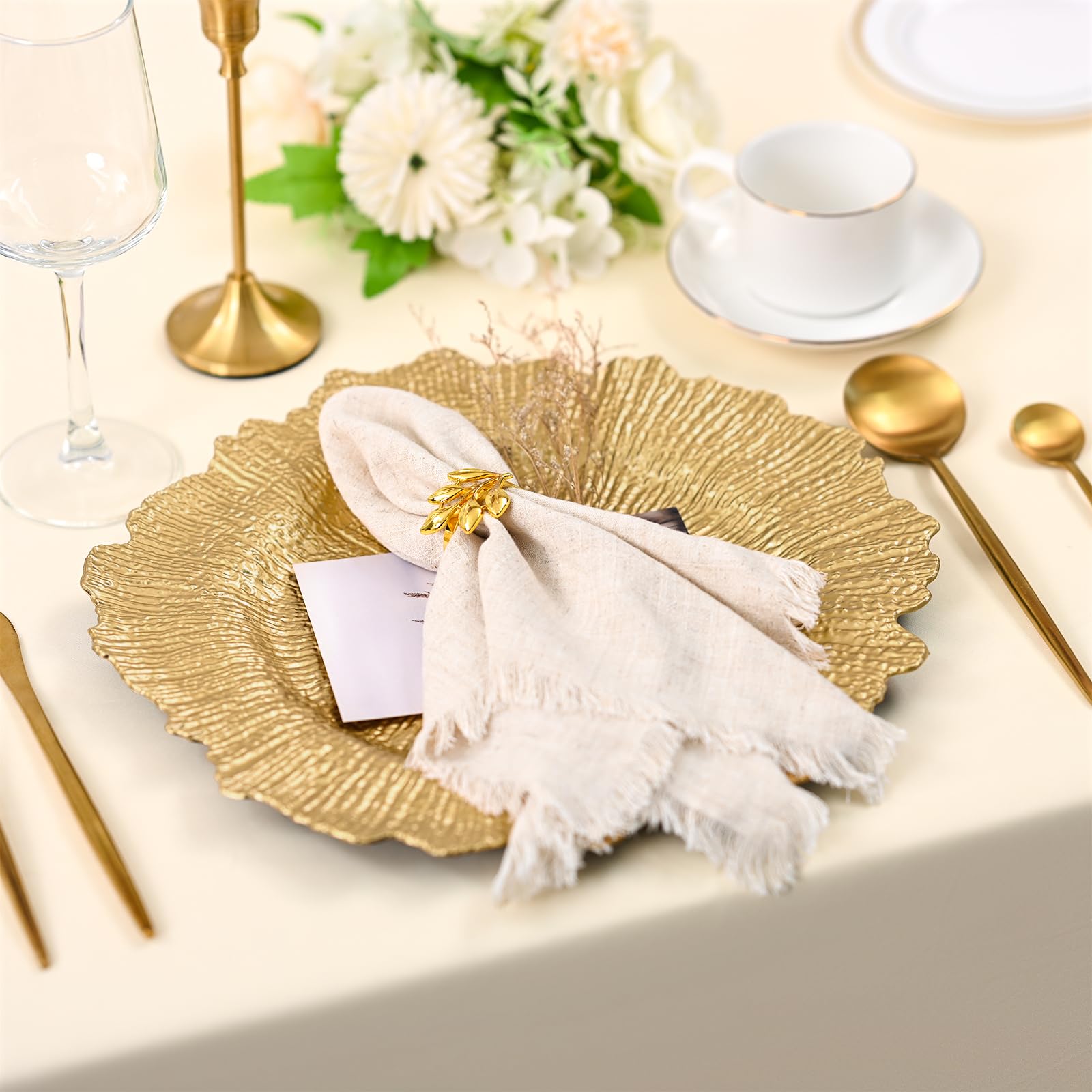 24 Pcs Gold Charger Plates Bulk, 13" Reef Plate Chargers for Dinner, Plastic Floral Decorative Plates for Table Setting, Wedding, Party, Event, Decoration