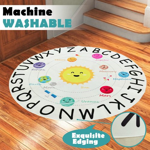 Round ABC Kids Rug, Circle Outer Space Rugs, Alphabet Playroom Rug, Non-Slip Universe Solar System Planet Theme Carpets for Playroom Educational Learning Area Rug for Classroom Living Room Bedroom