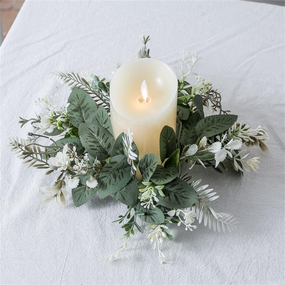 Skiennix 10-Inch Artificial Eucalyptus Leaves Wreaths - Boho Candle Rings for Home Decor (Green, 2-Pack)