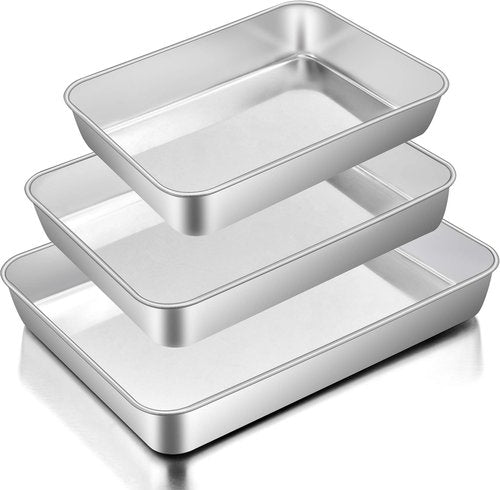 E-far Stainless Steel Baking Pans Set - 3 Rectangle Bakeware Sizes (12.5/10.5/9.4 Inch) | Non-Toxic & Dishwasher Safe