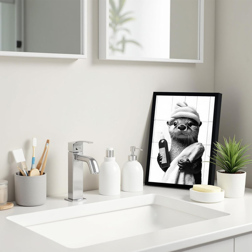 SYWENNOI Black and White Bathroom Canvas Wall Art - Funny Otter Bath Decor | Ready to Hang 8x10 Inches