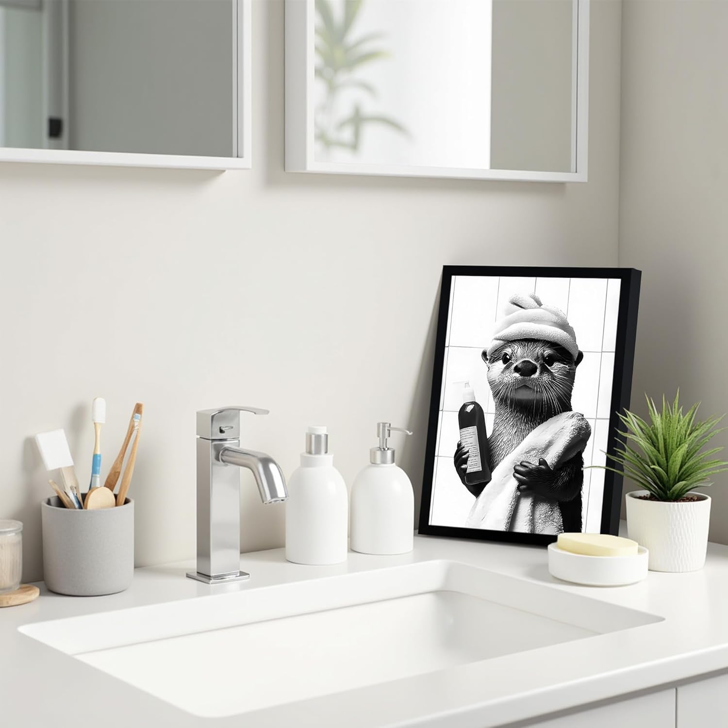 SYWENNOI Black and White Bathroom Canvas Wall Art - Funny Otter Bath Decor | Ready to Hang 8x10 Inches