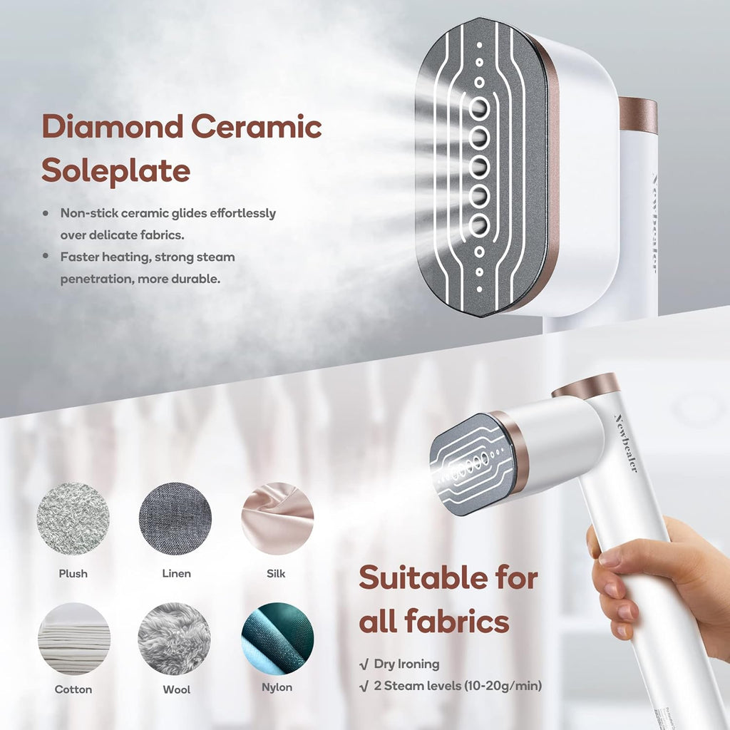 Newbealer Steamer for Clothes - 1200W Portable Steam Iron with 2 Steam Levels & Fast 15s Heat Up | Vertical & Horizontal Use
