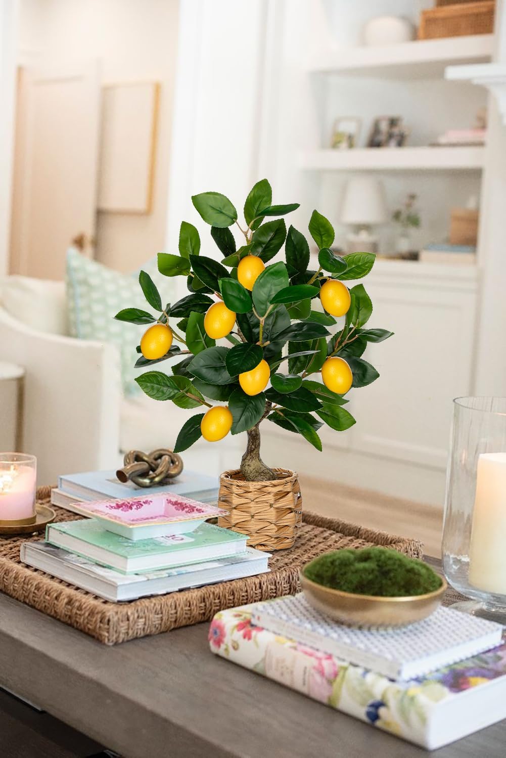Skiennix Artificial Potted Lemon Tree - 17.3-Inch Faux Citrus Plant with Woven Pot | Perfect for Home & Office Decor