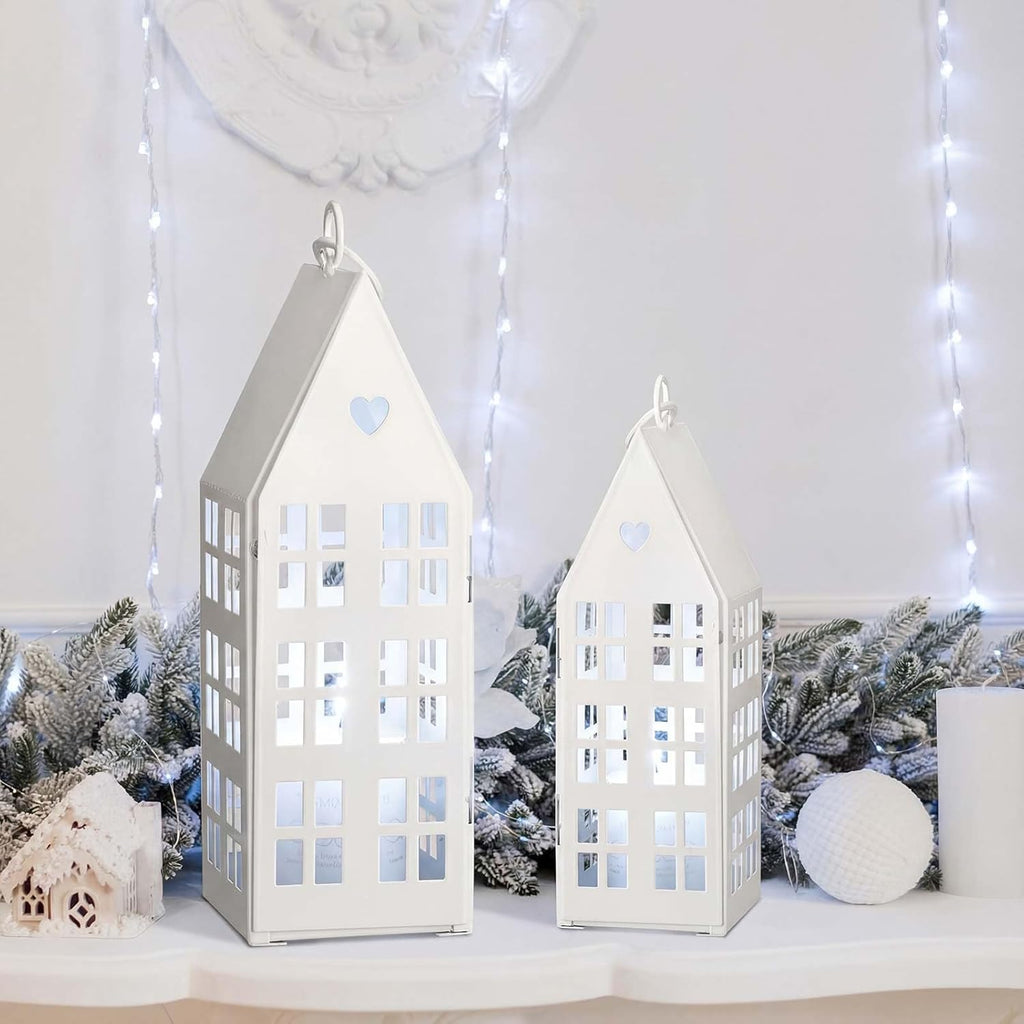 SiliFine White Farmhouse Village Set - Rustic Metal Lanterns with 2 White Candles for Home Decor