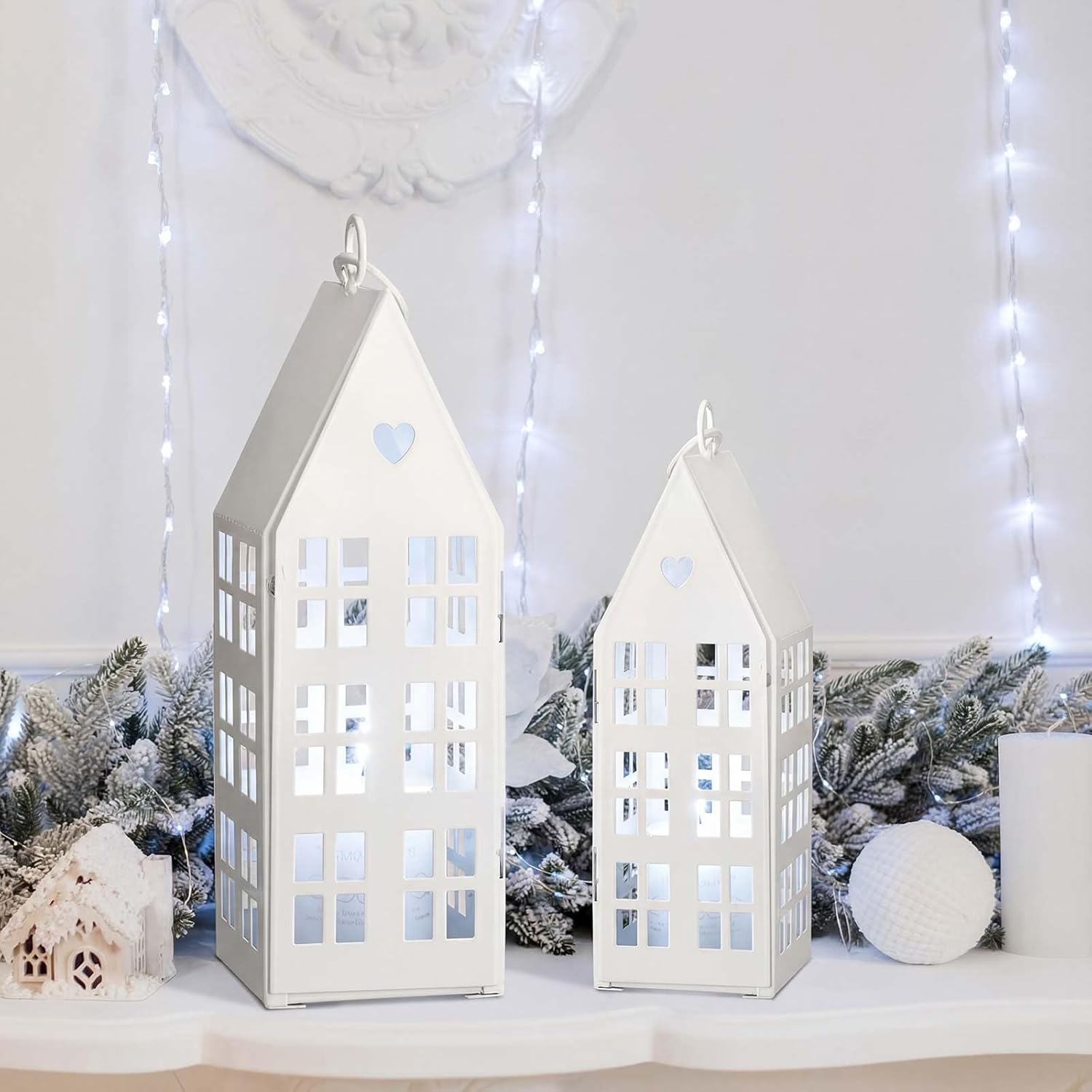 SiliFine White Farmhouse Village Set - Rustic Metal Lanterns with 2 White Candles for Home Decor