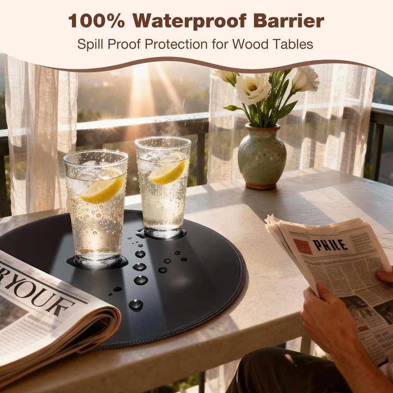 Rinpon Round Vinyl Black Placemats Set of 6, Faux Leather Waterproof Wipeable Heat Resistant Place Mats, Washable Table Mats for Halloween, Thanksgiving & Christmas Dinner(Black)