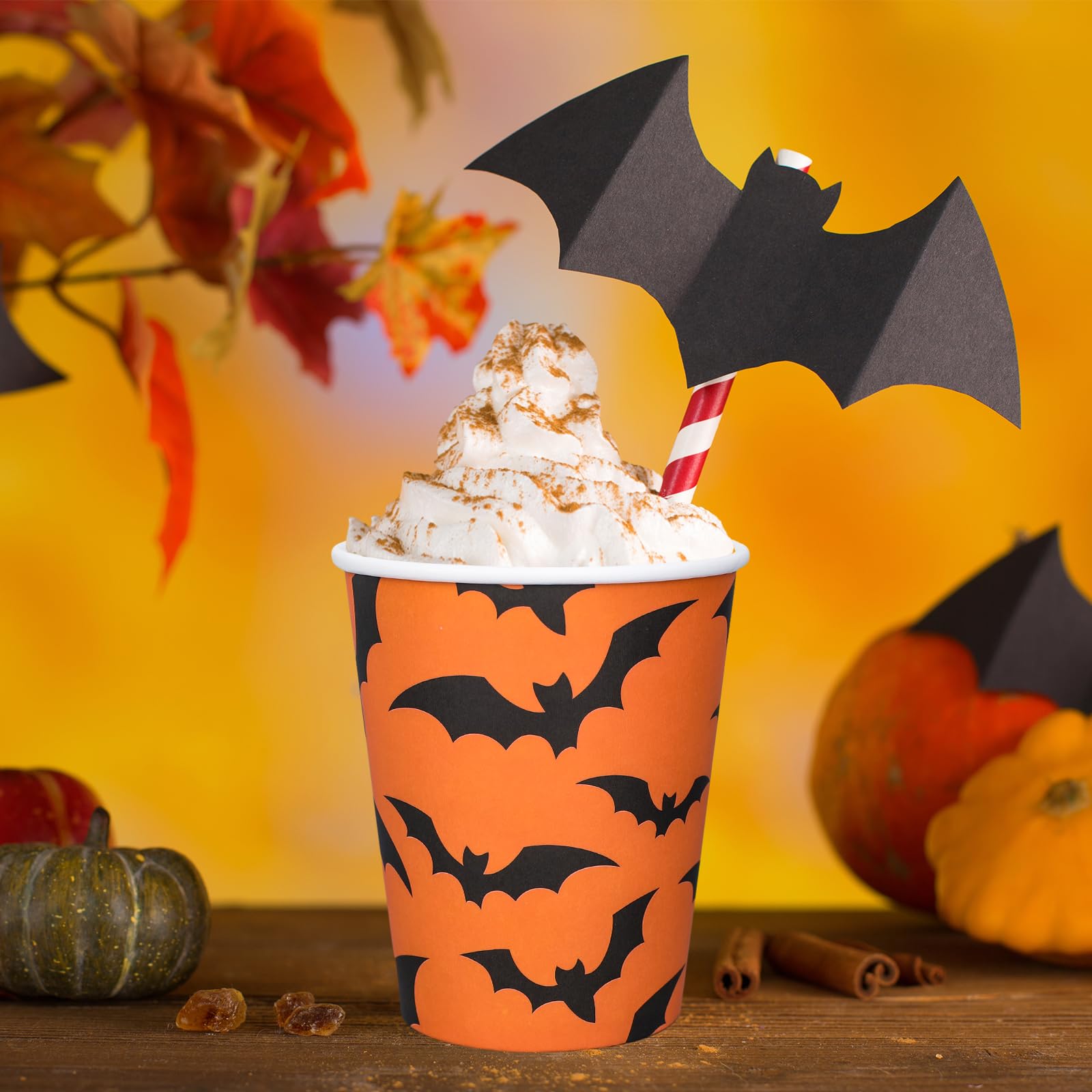 Whaline 120Pcs Halloween Paper Cups Pumpkin Ghost Bats Disposable Cups 3 Designs Black Orange Party Cups for Cold Hot Drink Table Decor Supplies, 9 Oz