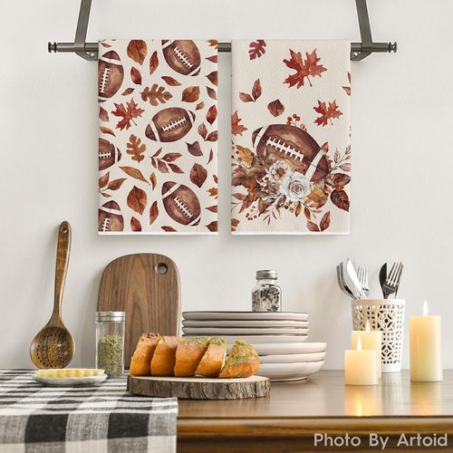 Artoid Mode Maple Leaves Football Kitchen Towels Dish Towels, 18x26 Inch Bowknot Fall Flower Thanksgiving Decoration Hand Towels Set of 2