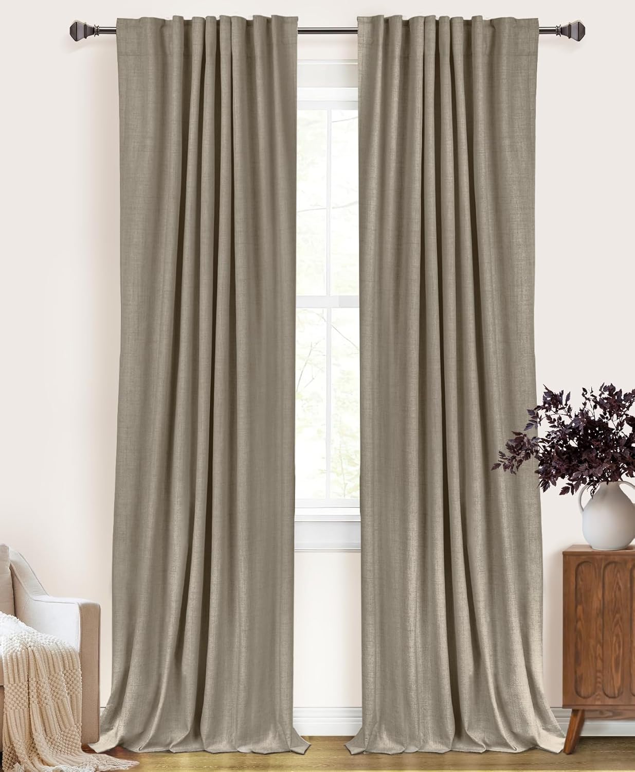 Skiennix 100% Blackout Linen Curtains - Thermal Insulated Drapes for Bedroom | 84" Long, 50" W, 2 Panels Set