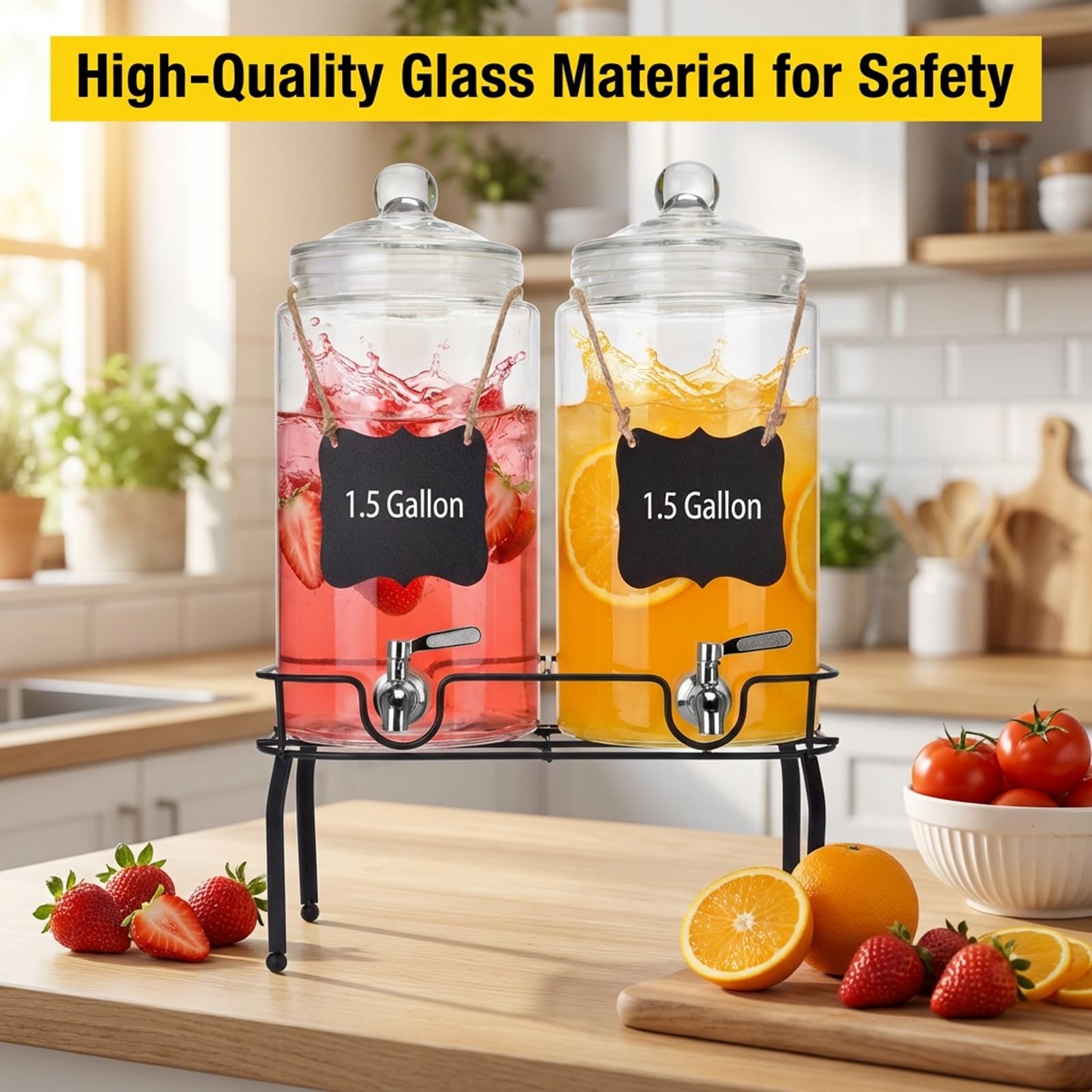 1.5 Gallon Glass Drink Dispenser Set of 2, Drink Dispensers for Parties, Beverage Dispenser with Stand and Glass Lid, 100% Leakproof Spigot, Ideal for Lemonade, Juice, Laundry Detergent