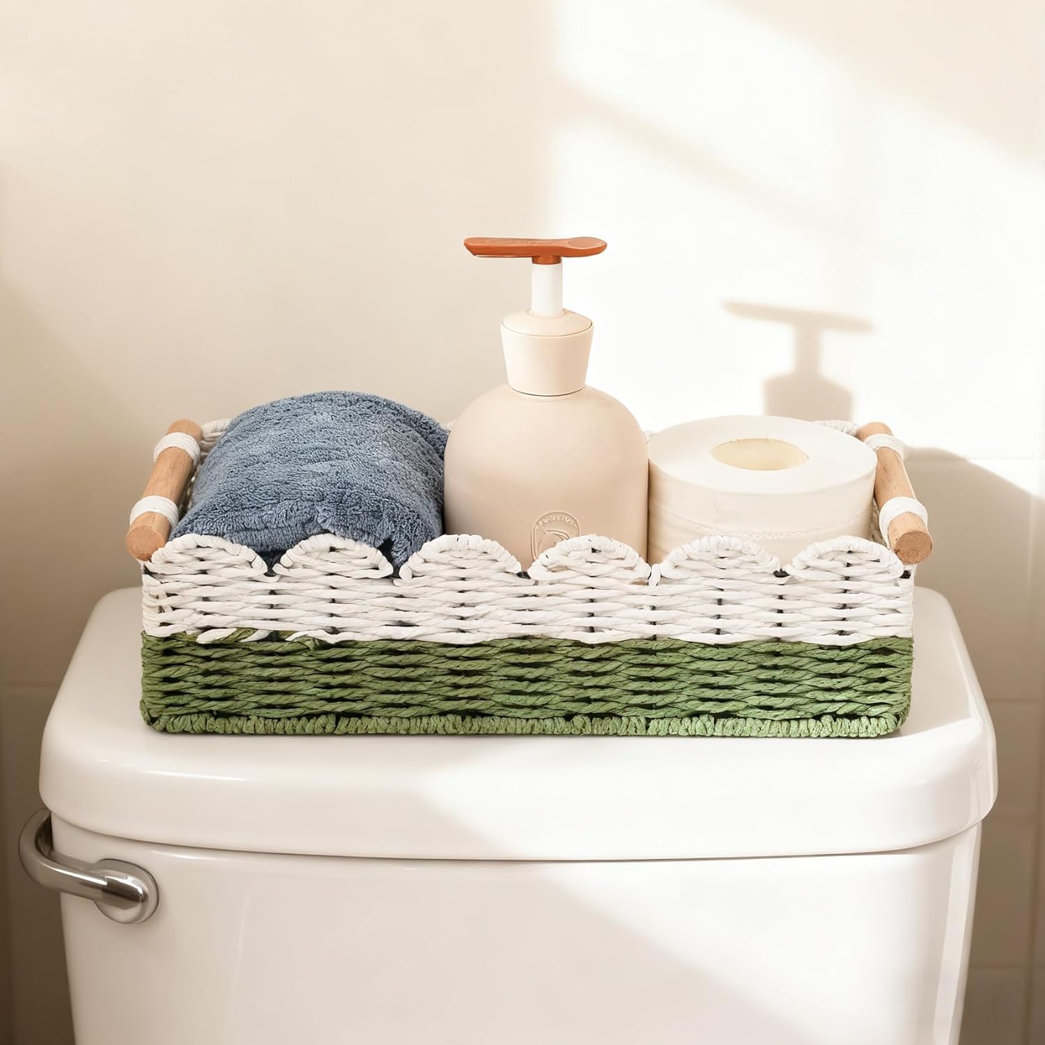 Regine Switzerland Scalloped Edge Toilet Paper Storage Basket - Handwoven Paper Rope Design | Small Size with 2 Wooden Handles