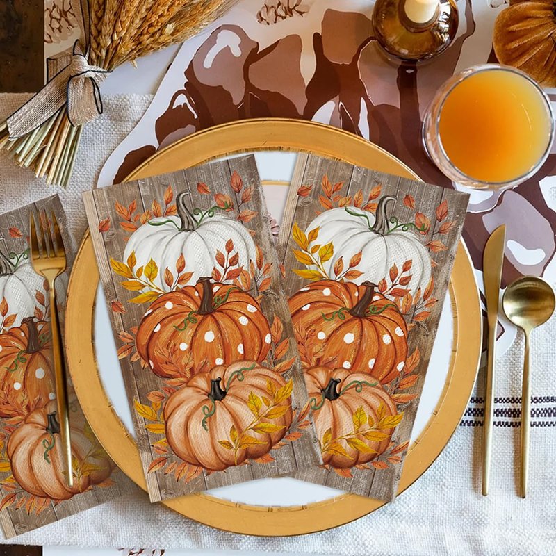 Horaldaily 100 Fall Disposable Paper Decorative Guest Napkins, Pumpkin White Orange Wood Hand Towel for Party Lunch Dinner Kitchen Bathroom