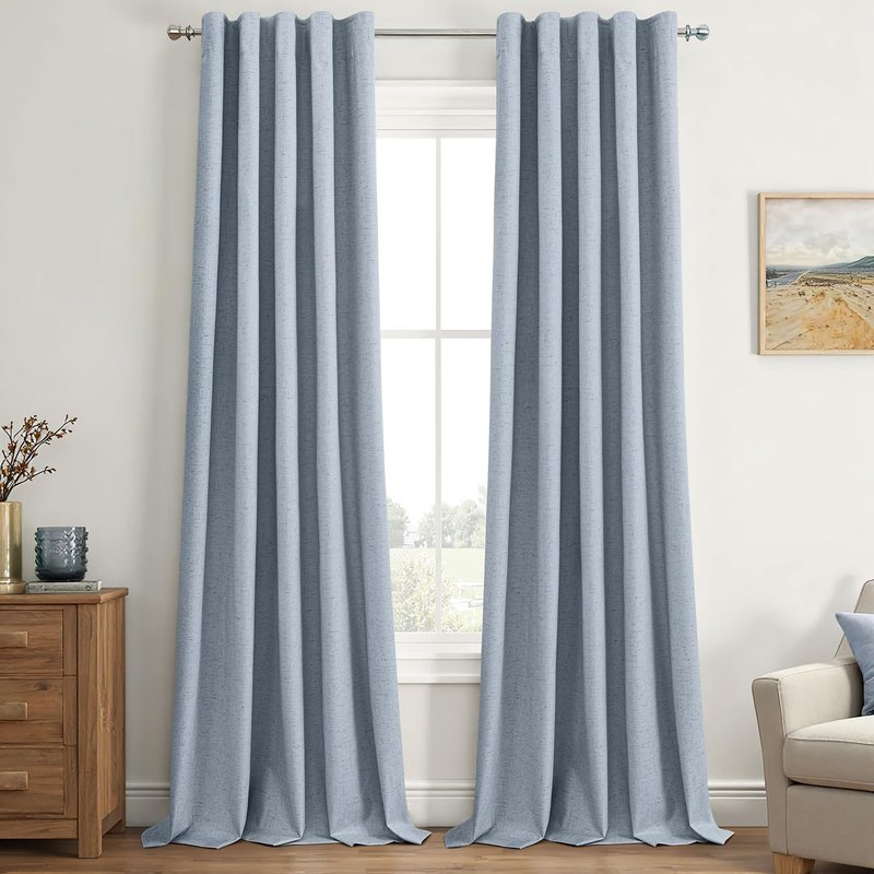 EMEMA Chambray Blue Linen Blackout Curtains 96 inches Long 2 Panels Set for Bedroom Back Tab Thermal Insulated 100% Black Out Drapes Pinch Pleated Hooks Room Darkening Window Curtain for Living Room