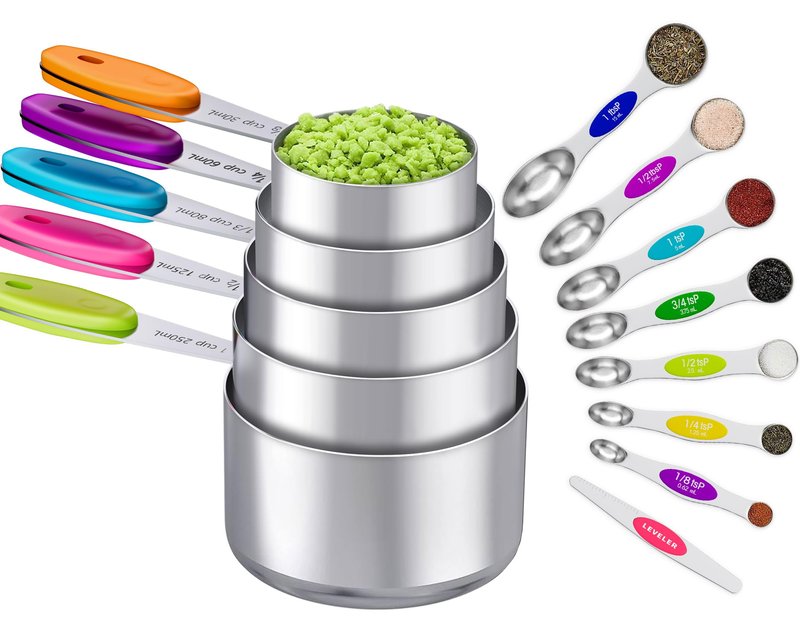 13PCS Magnetic Measuring Cups and Spoons Set - 7 Double-Sided Stainless Steel Magnetic Measuring Spoons & 1 Leveler + 5 Stainless Steel Measuring Cups - Kitchen Baking Tools for Cooking