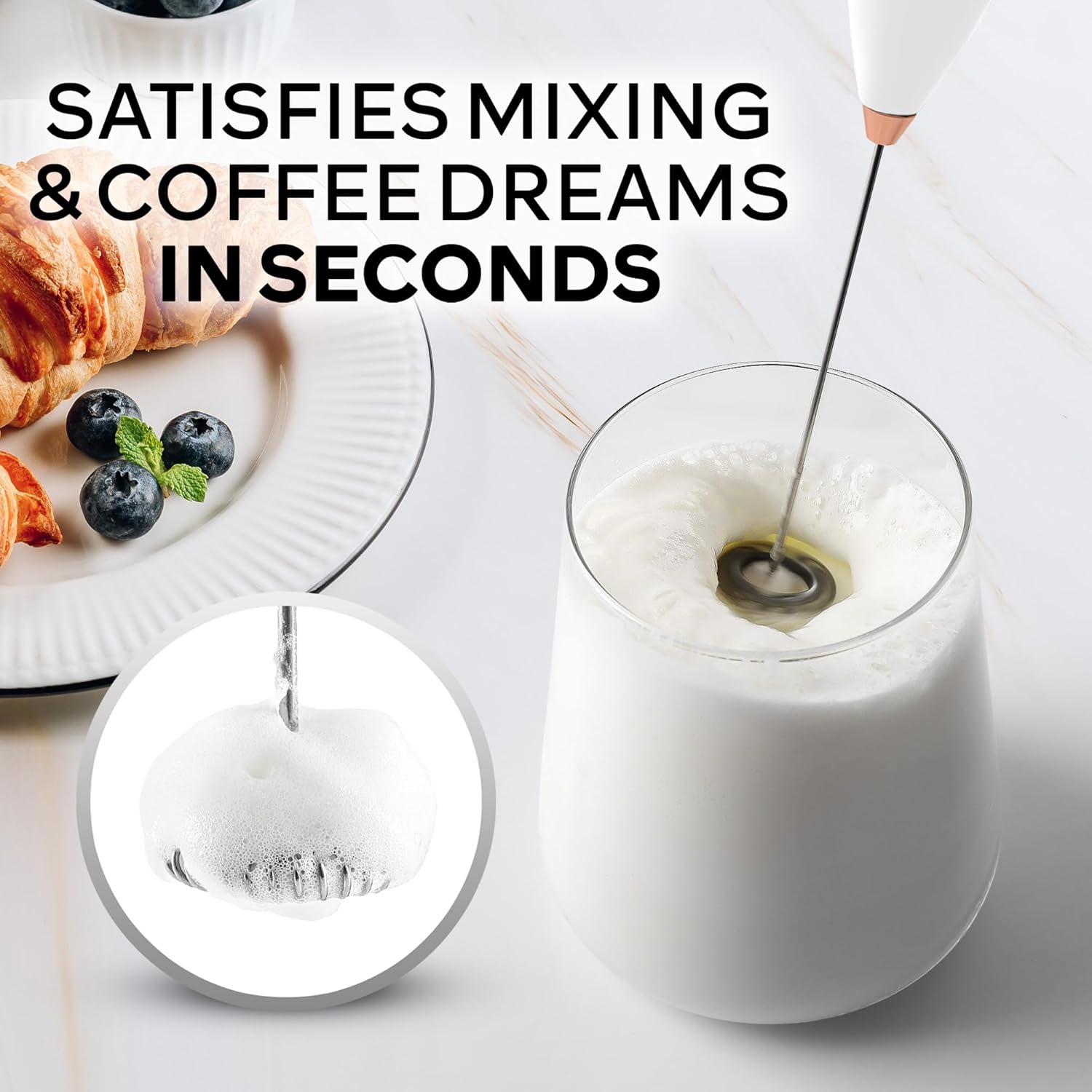 Zulay Kitchen Milk Frother Wand - Ultra Fast Electric Whisk for Coffee & Lattes | White & Rose Gold