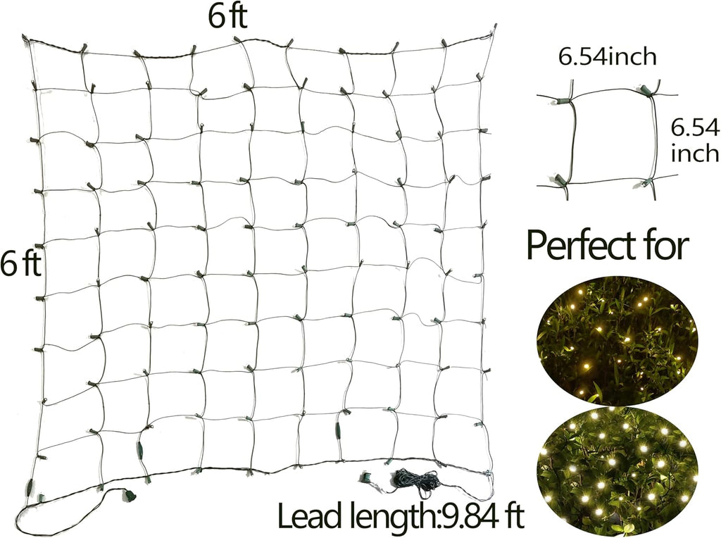 Skiennix LED Christmas Net Lights - 144 LEDs, 6ft x 6ft, Warm White, UL Certified for Outdoor Decor