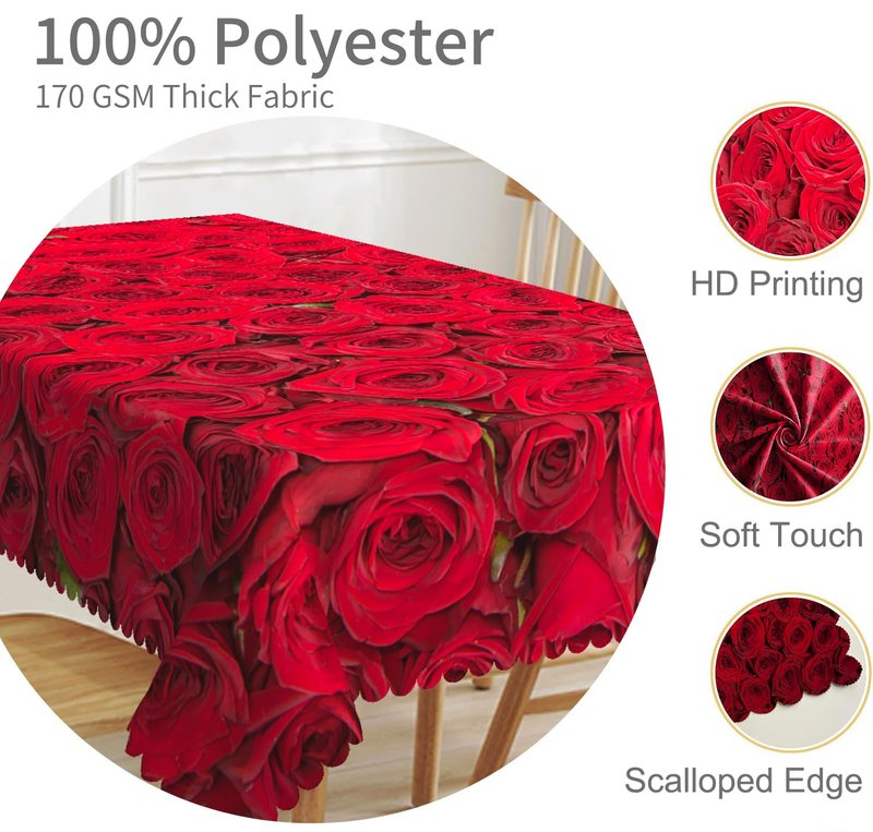 TTQYFNM 54x78inches Red Rose Floral Tablecloth Romantic Rose Flowers Blossom Nature Print Rectangle Table Cloth Wipeable Polyester Table Cover for Dining Room Kitchen Outdoor Wedding Party Decor