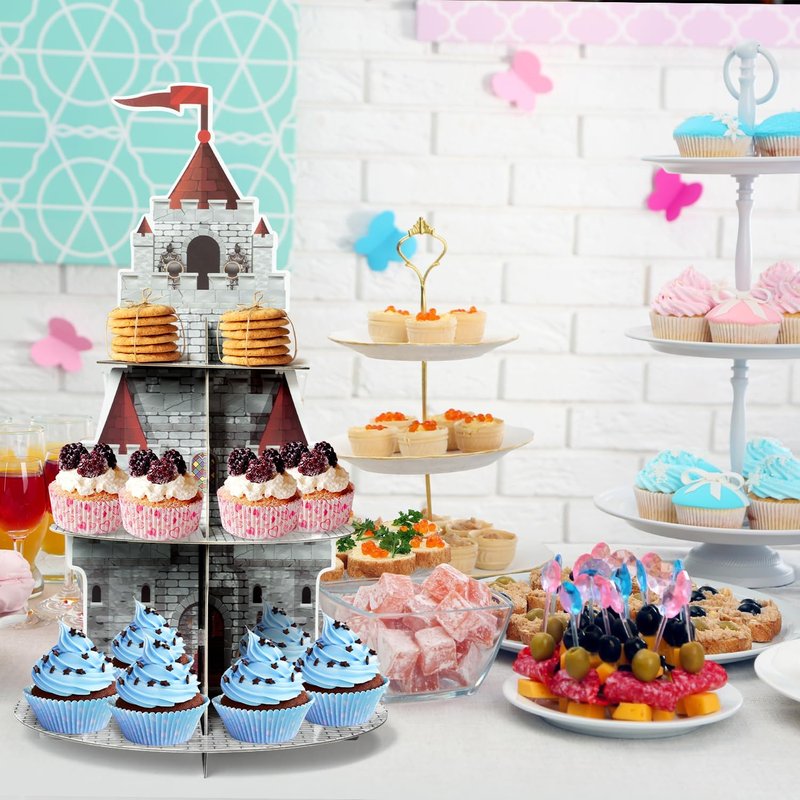 Salovio Medieval Knight Cupcake Stand 3 Tiers Castle Birthday Party Cardboard Cupcake Holder Decorations Knight Dessert Tower Party Supplies for Kids Birthday Baby Shower Gender Reveal decoration
