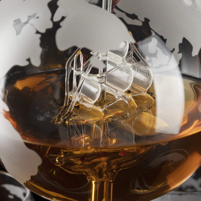 Attractive Home Bar Décor 5pc Whiskey/Wine Globe Decanter Set, World Etched Bottle with 4 Premium Glass Cups on Attractive Mahogany Wood Stand. - THE PERFECT PRESENT -