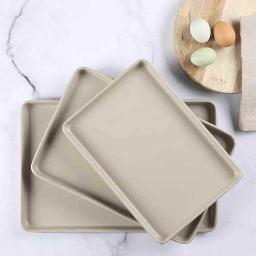 Martha Stewart Gallen 3-Piece Cookie Sheet Set - Nonstick Ceramic Baking Pans, Oven Safe to 450°F, Taupe