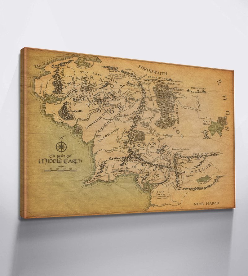 Mistyefly Middle Earth Map Wall Art Canvas Print - Fantasy Map of Middle Earth - 24''Hx36''W with Inner Wooden Frame - Lightweight & Easy to Hang - Perfect for Bedroom, Game Room Decor