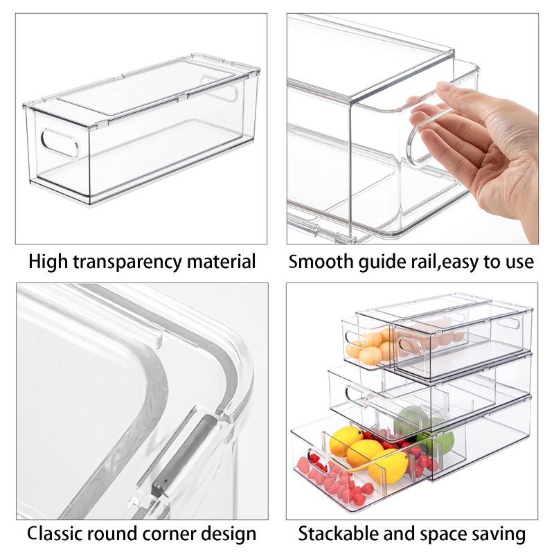 MineSign 4 pack Stackable Refrigerator Organizer Bins Pull-Out Drawers for Fruit and Veggies Storage Organizer for Fridge Clear Drawer Containers with Handle Divided Organization for Produce Saver