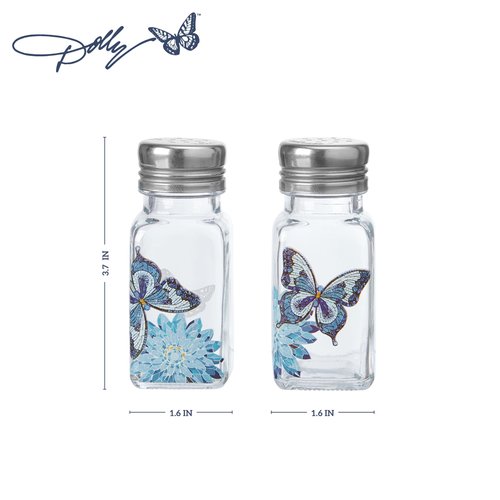 Dolly Parton Glass Salt and Pepper Shakers with Mosaic Flowers and Butterfly Design, Easy to Fill, Set of 2, 3 Ounce