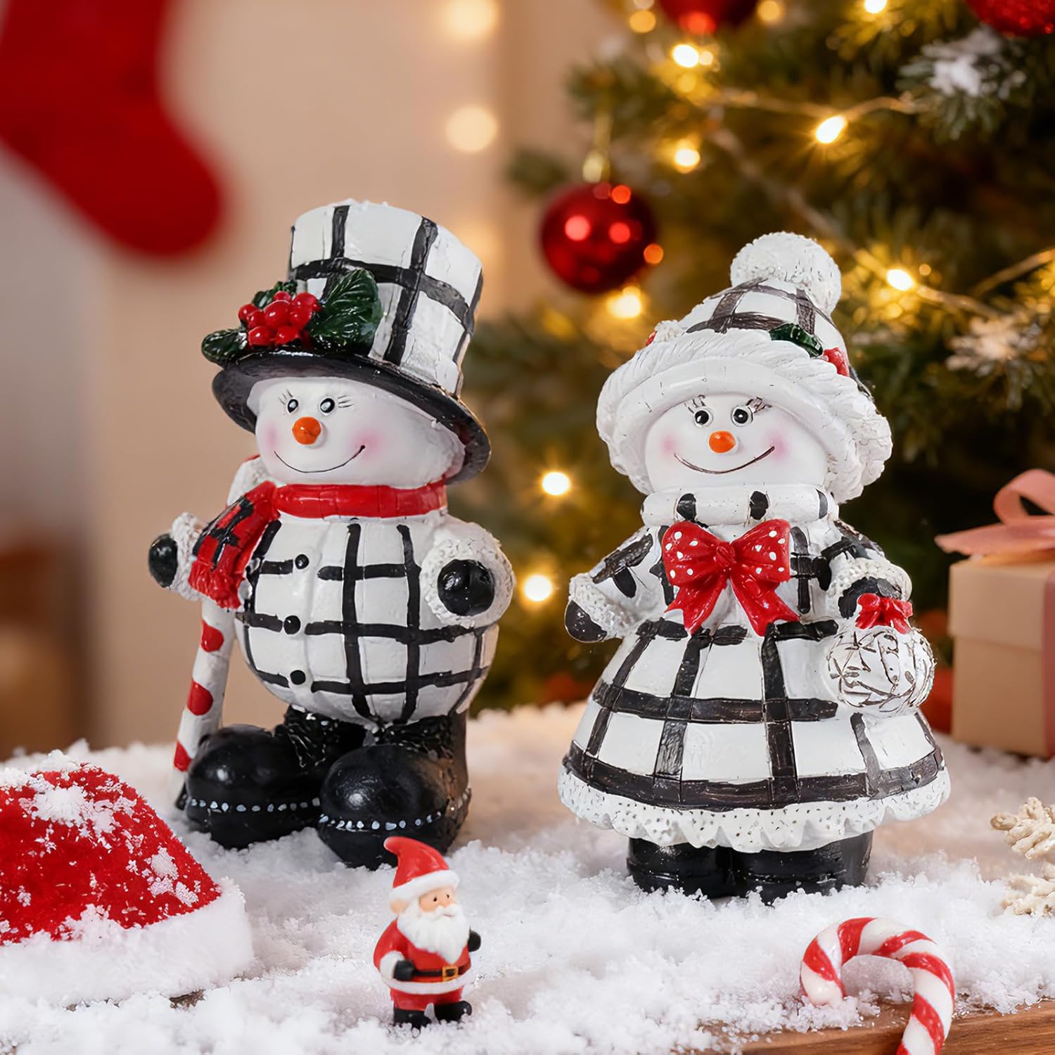 Snowman Figurines Set of 2 | Black and White Plaid Christmas Decorations for Home Decor