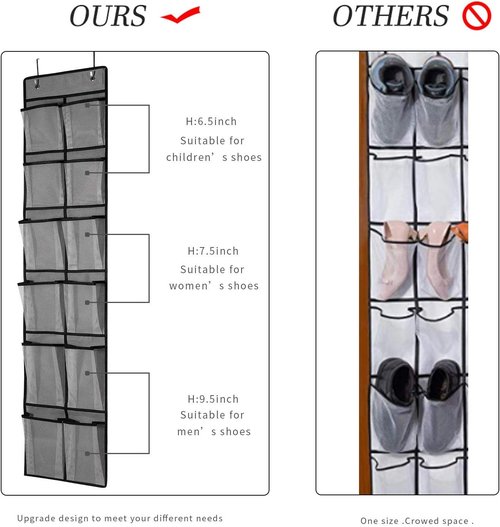 KEEPJOY Over The Door Shoe Organizer - 2 Pack Mesh Pockets with 4 Hooks | Large 57.5"x12.6" Grey Storage Solution