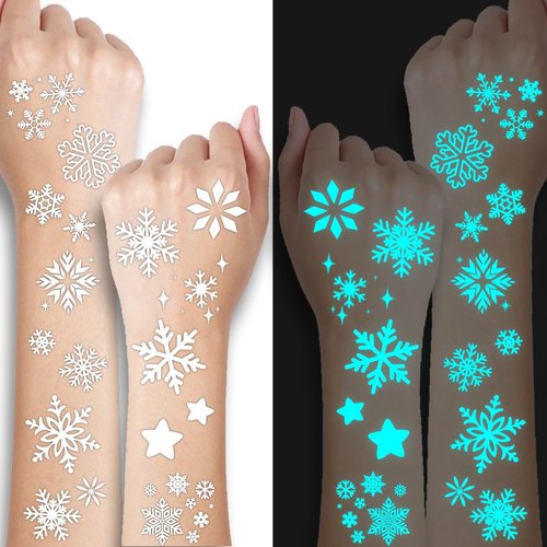 CHARLENT Blue Luminous Snowflake Temporary Tattoos - 74 Sheets of Winter Party Designs for Kids & Adults