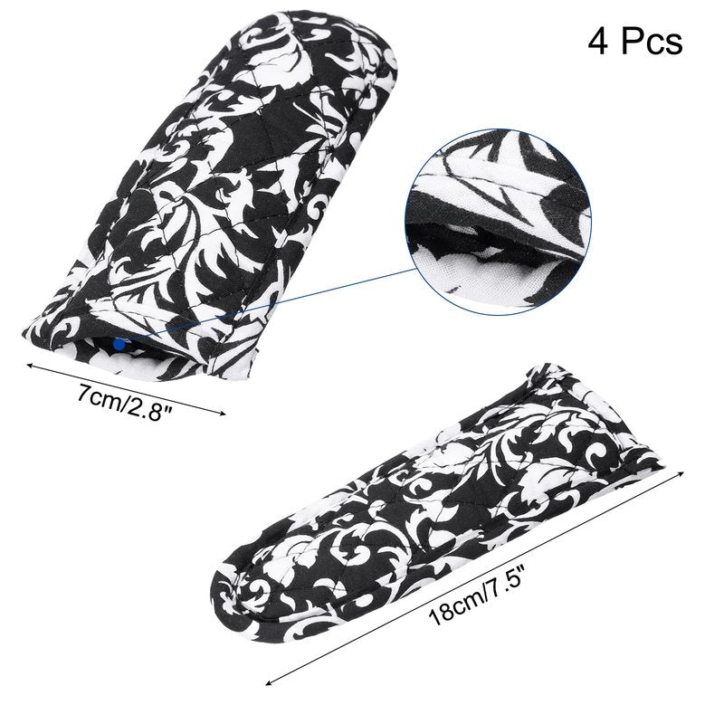 uxcell 4Pcs Pan Handle Sleeve, Pot Handle Covers Heat Resistant Iron Skillet Handle Covers for Kitchen Baking Cooking Supplies, Black White Flower 2.8 in x 7.5 in