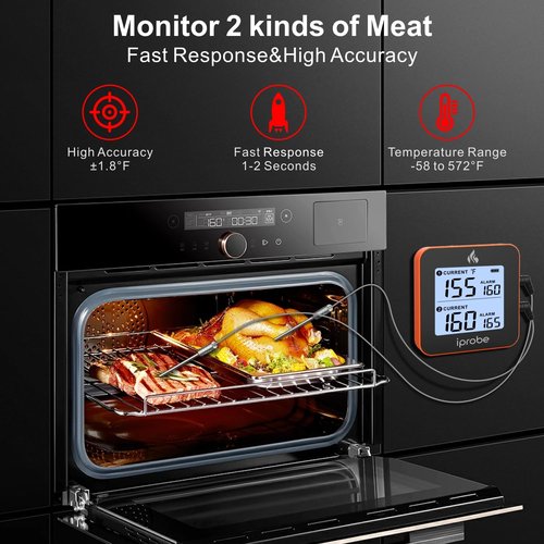 iProbe 600 ft Range Digital Wireless Meat Thermometer with 2 Probes - Bluetooth & Rechargeable for Grilling Smoker Turkey, Fish, Beef