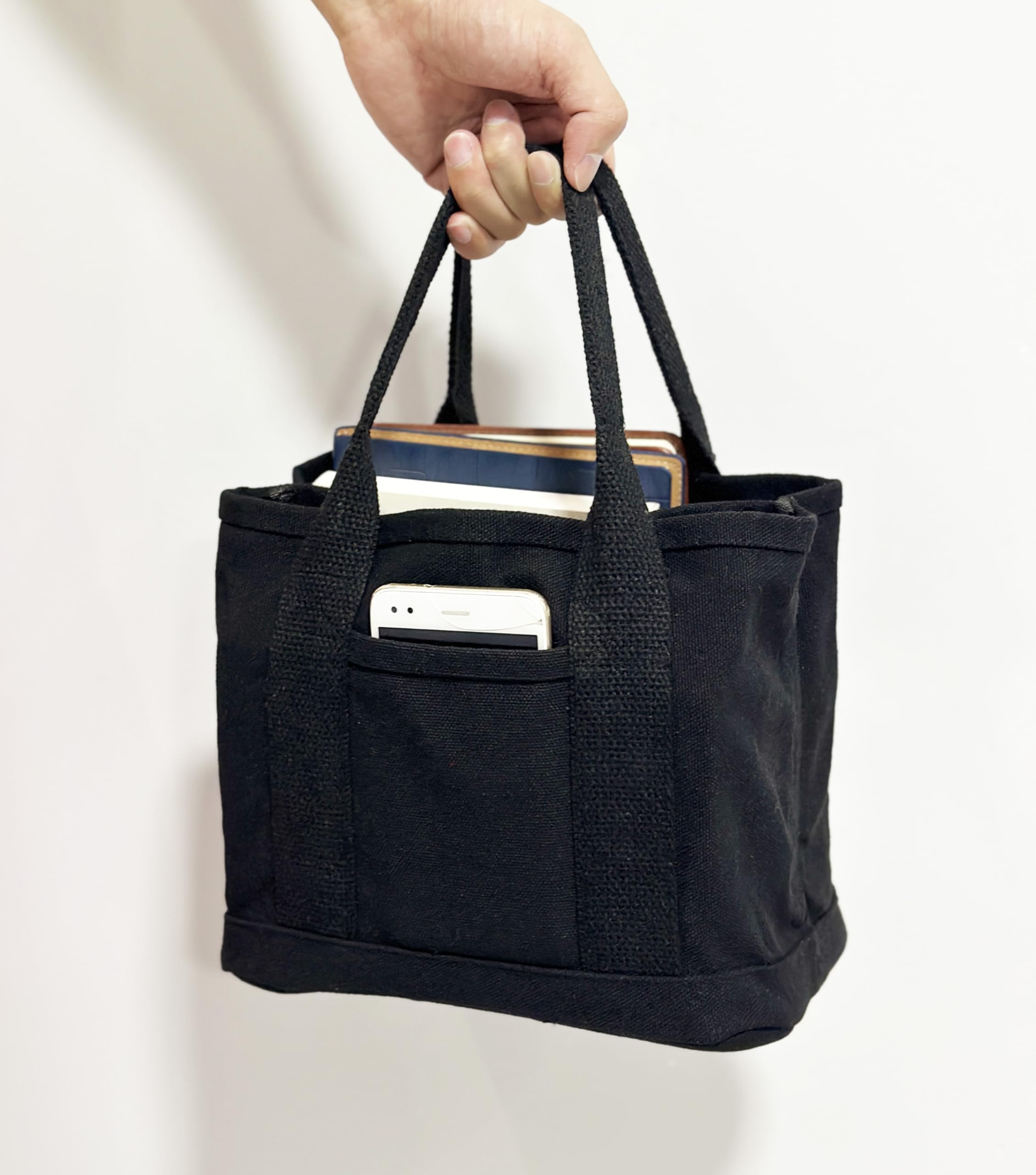 PACEKONER Canvas Tote Bag with Multi Pockets, Heavy Duty Tote, Foldable Shopping Bags, Reusable Grocery Bag for Work School Travel (Black)