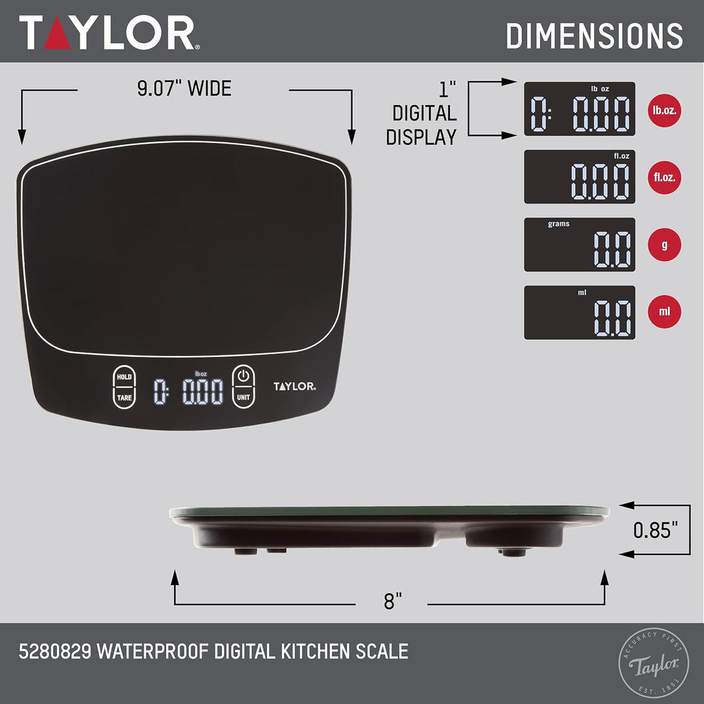 Taylor Waterproof Digital Kitchen Scale - 11 lbs Capacity | Sleek Black Design