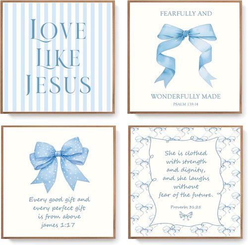 LARTSFRO Coquette Blue Bow Wall Art Decor - Inspirational Christian Posters for Bedroom | 8x8 Inch Set of 4 Unframed
