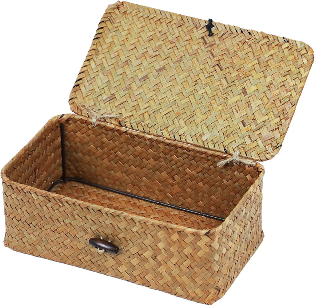 Wicker Storage Basket - Natural Seagrass Organizer with Lid | Rectangular Decorative Bin