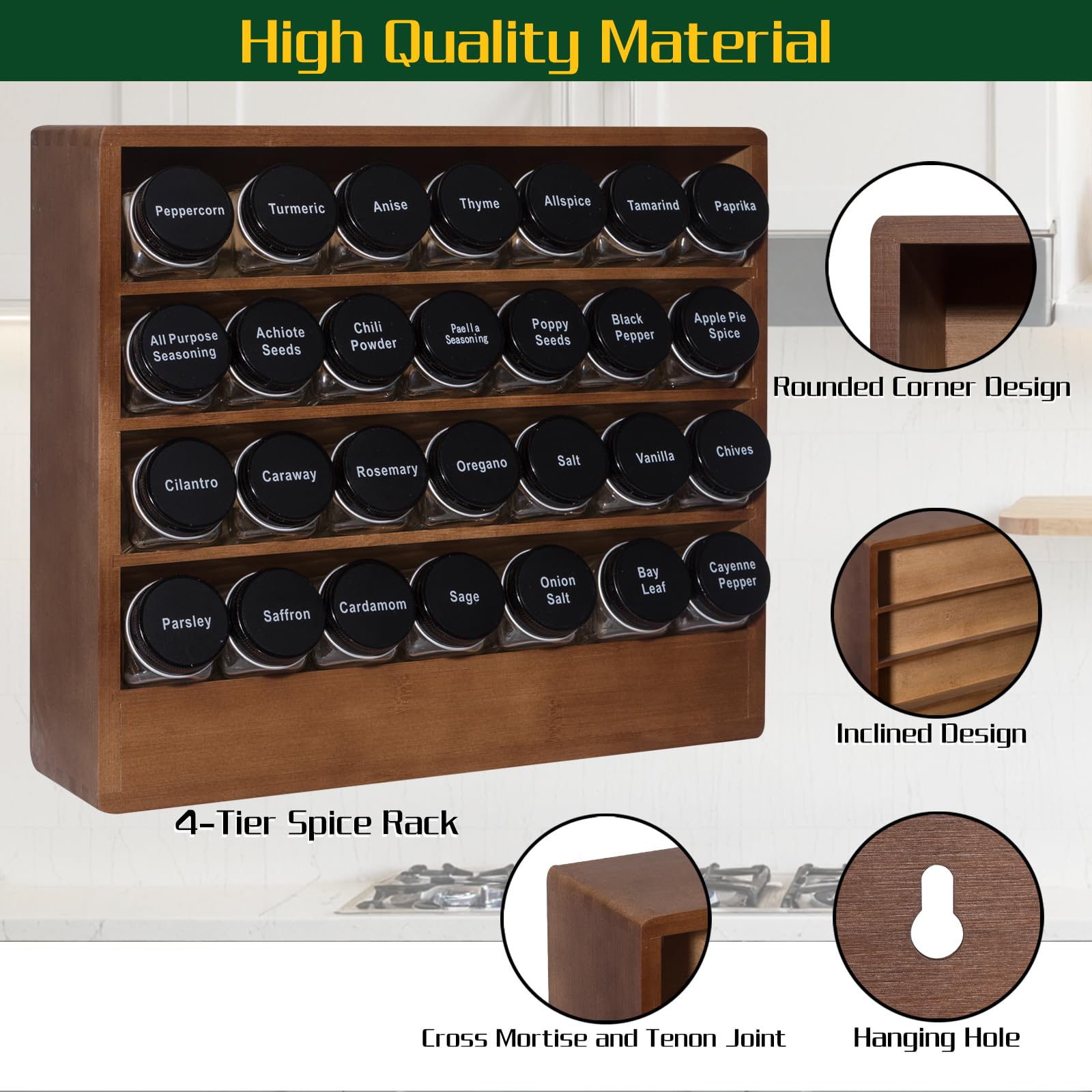 FifanQiQi Bamboo Tiered Spice Rack Organizer for Cabinet,Wooden Seasoning Rack for Countertop, Cupboard, Pantry, Kitchen (Spice Jars Included)