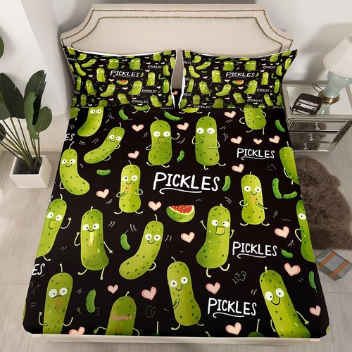 Erosebridal Pickle Fitted Sheet Kawaii Cucumber Kids Bed Sheets Dill Pickle Sheet Twin Love Heart Decor Bed Cover for Boys Girls Teens Bedroom Decor