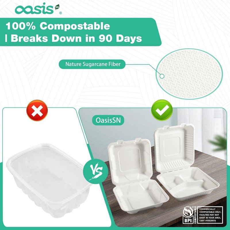 OasisSN 𝟵𝘅𝟲", 𝟲𝟴-𝗣𝗮𝗰𝗸 Clamshell Take Out Food Containers, Compostable Heavy-Duty Disposable Paper Lunch Boxes，Eco-Friendly Biodegradable To Go Containers For Food(White)
