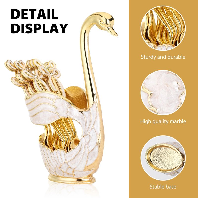 WENMAQIN Gold Swan Base Holder,Table Decorative Swan Dessert Spoons Organizer Spoons Holder with 6pcs Coffee Spoon set,Elegant Gold Dessert Spoons,Premium Zinc Alloy Spoon Organizer