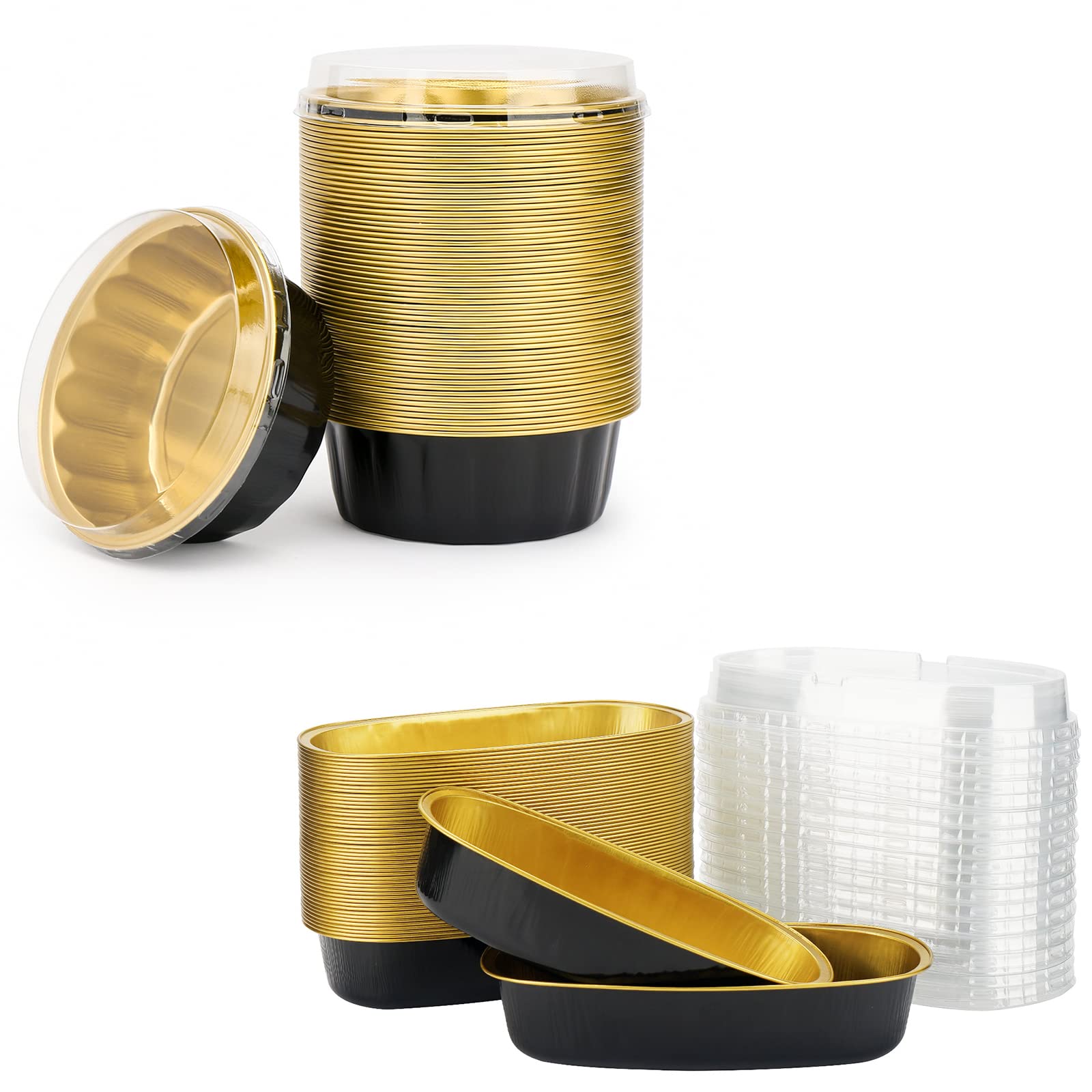 Aluminum Ramekins Loaf Pans with Lids, Beasea 8 oz & 6 Inch 100 Pack Disposable Cake Pan, Aluminum Foil Cups Oval Baking Pan Cheesecake Pan Aluminum Pans Meat Bakeware for Oven