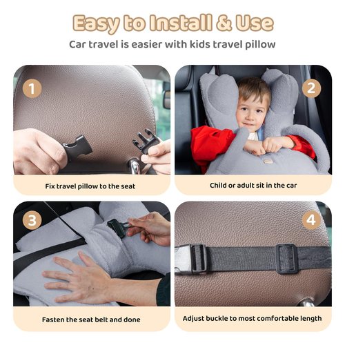 FLORICH Kids Travel Pillow, Car Sleeping Travel Pillow for Kids, Removable H-Shaped Pillow for Adults and Children to Support Head and Body Road Trips with Neck Pillow and Blanket (Grey)
